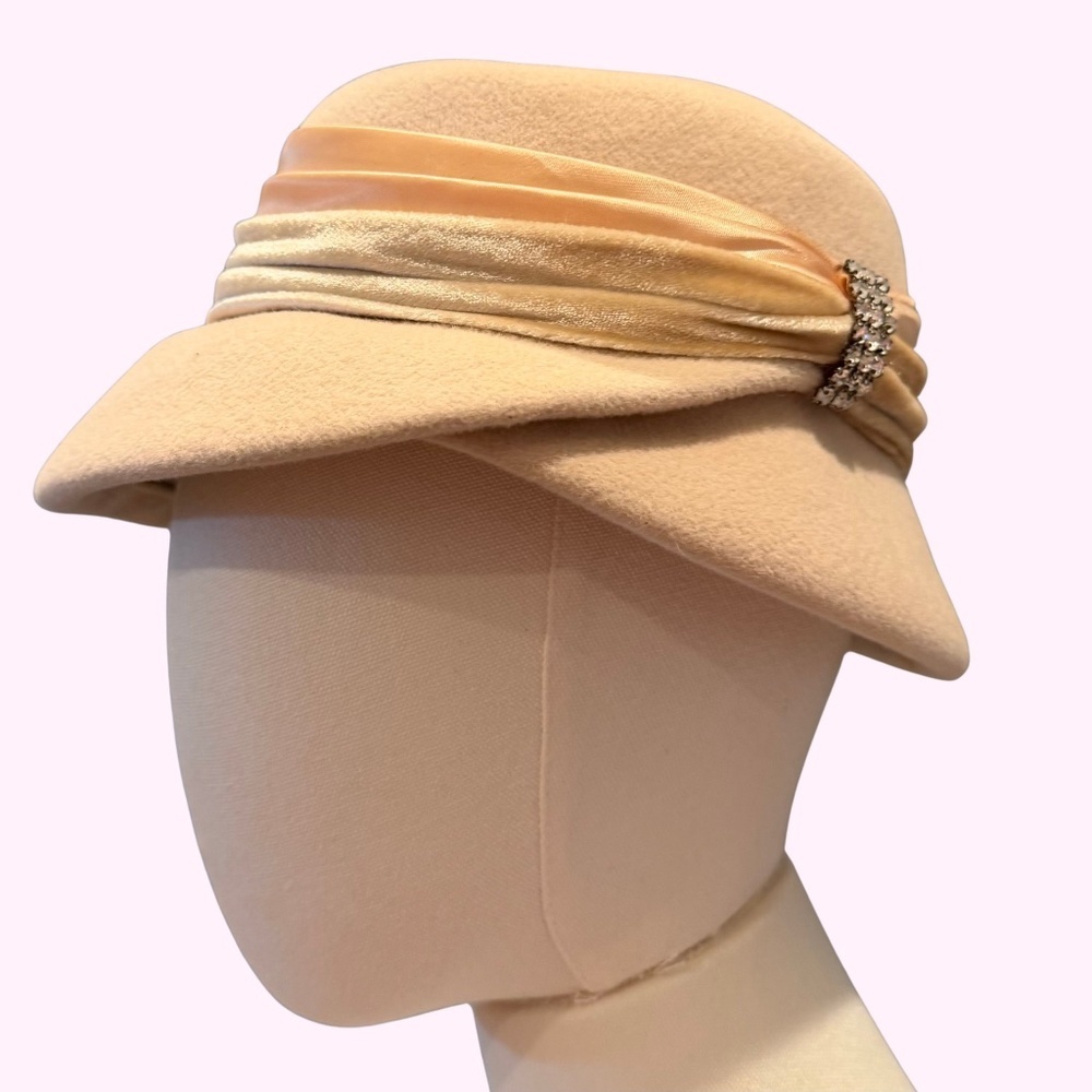 VINTAGE 60s Chez Original 100% Wool Felted Rhinestone Cream Opera Cocktail Hat